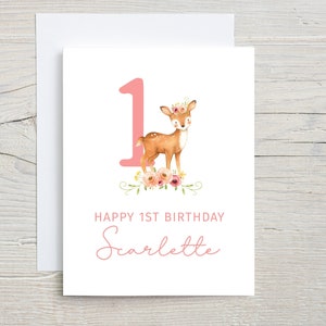 First birthday card, Floral deer girl birthday card, Baby Girl First birthday card, Custom Birthday Card, 1st birthday card for Girl, 2nd