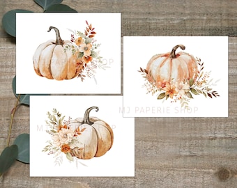 Autumn Greeting Card Set, Fall Pumpkin Cards, Halloween notecards, Thanksgiving Holiday, Watercolor florals