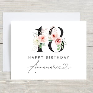 Carte de 18 ans, Carte de joyeux 18 ans, personnalisée avec nom, Carte de 18 ans personnalisée, Anniversaire floral rose, Carte personnalisée