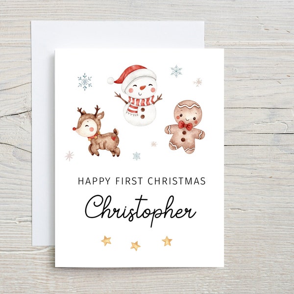 Babys First Christmas card, Card for Baby, snowman reindeer ginger bread, Personalized Card for kids, Card for Children, Happy First Card