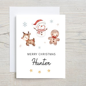 Carte de joyeux Noël pour enfants, père Noël, bonhomme de neige et renne, fils, fille, nièce ou neveu, jolie carte de Noël pour enfants, carte de visite personnalisée