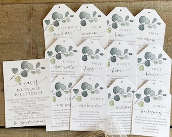 Printed Marriage Milestone Tags, Watercolor Wine Tags, First Year milestones,Wine basket tags,Milestone wine tag,A year of firsts,Eucalyptus