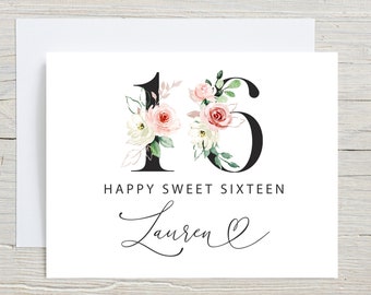 16th Birthday Card, Happy Sweet 16 birthday card, Personalized with Name, Sixteen Birthday Card Customized, Bday Pink Floral