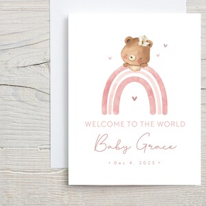 Nouvelle carte personnalisée de bébé fille, Bienvenue dans le monde, Carte de nouveau-né, Carte de bébé ours, Carte de bébé personnalisée avec nom et naissance, Lifetime Of Love