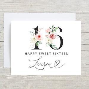16th Birthday Card, Happy Sweet 16 birthday card, Personalized with Name, Sixteen Birthday Card Customized, Bday Pink Floral
