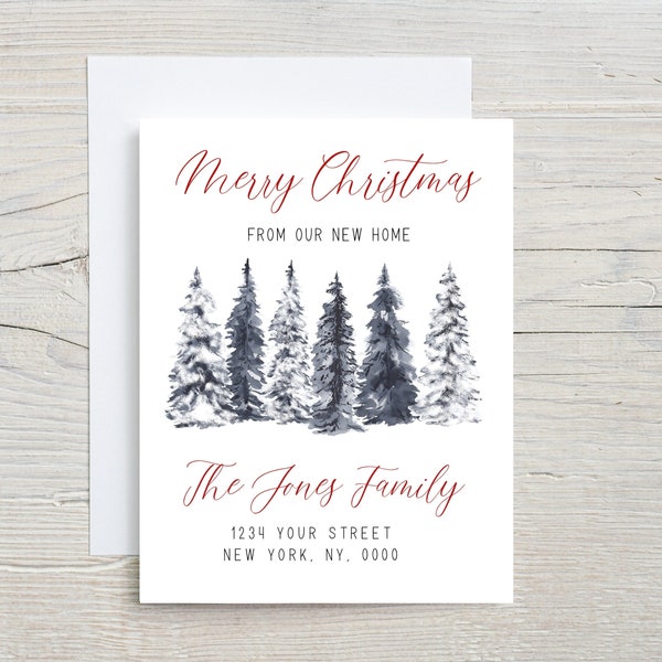 Merry Christmas from our new home, Personalized moving card, We have moved card SET, moving announcement, Christmas Trees watercolor