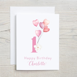Carte de premier anniversaire de bébé fille, carte de premier anniversaire, carte d'anniversaire personnalisée, carte de 1er anniversaire pour fille, carte d'anniversaire d'enfants, carte d'anniversaire ballon