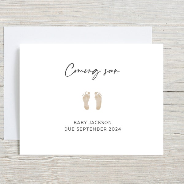 Coming soon card, Pregnancy Announcement, Promoted to Grandparents, New baby Card, Baby footprints, minimalist greeting card