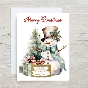 Cadeaux de Noël Carte à gratter, Carte personnalisée, Message surprise à l'intérieur, Nous partons en voyage, Bonhomme de neige de Noël