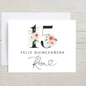 Carte de 15 ans, Happy Sweet 15 anniversaire, personnalisée avec nom, carte d'anniversaire de Quinceanera, Feliz Quinceanera