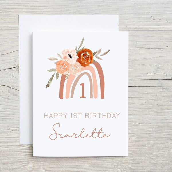 First birthday card, Baby Girl First birthday card, Custom Birthday Card, 1st birthday card for Girl, Kids birthday card, rainbow name card