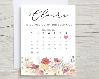 Bridesmaid Calendar card proposal, Save the date, Will you be my bridesmaid, wedding date card, watercolor bloom garden flowers