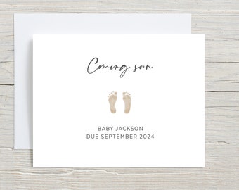 Coming soon card, Pregnancy Announcement, Promoted to Grandparents, New baby Card, Baby footprints, minimalist greeting card