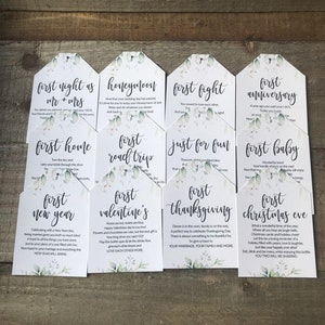 Printed Marriage Milestone Tags, Watercolor Wine Tags, First Year milestones, wine poem,Wine basket tags,Milestone wine tag,A year of firsts image 2