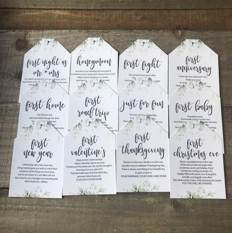 Printed Marriage Milestone Tags, Watercolor Wine Tags, First Year milestones, wine poem,Wine basket tags,Milestone wine tag,A year of firsts image 2