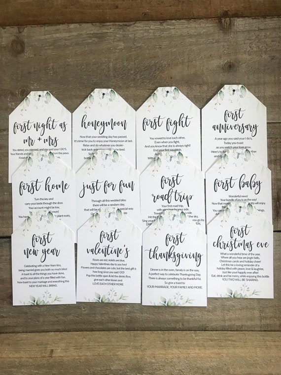 Printed Marriage Milestone Tags, Watercolor Wine Tags, First Year milestones, wine poem,Wine basket tags,Milestone wine tag,A year of firsts