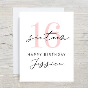 Carte de 16e anniversaire, Happy Sweet 16e carte d'anniversaire, personnalisée avec nom, carte de seize anniversaire personnalisée, carte d'anniversaire rose personnalisée