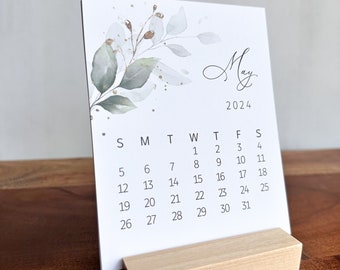 2024 desk Calendar, Wood Stand desk calendar, small desk calendar 2024, Monthly calendar 2024, Botanical calendar, greenery and gold florals