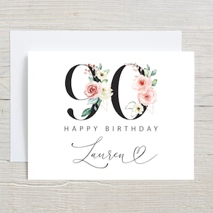 90th Birthday Card, Friend Birthday Card, 90th Birthday, Ninety Birthday Card, Ninetieth Birthday, Custom Personalized, Big 90 Pink floral