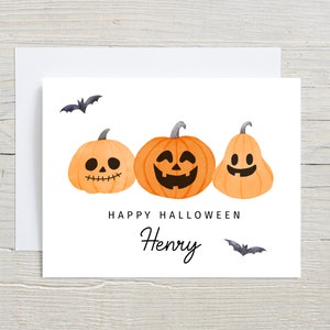 Carte Happy Halloween, personnalisée pour enfant, jolie carte d'halloween, personnalisation d'halloween 2024, 1ère carte de bébé, carte Jack O Lantern, chauves-souris aquarelles
