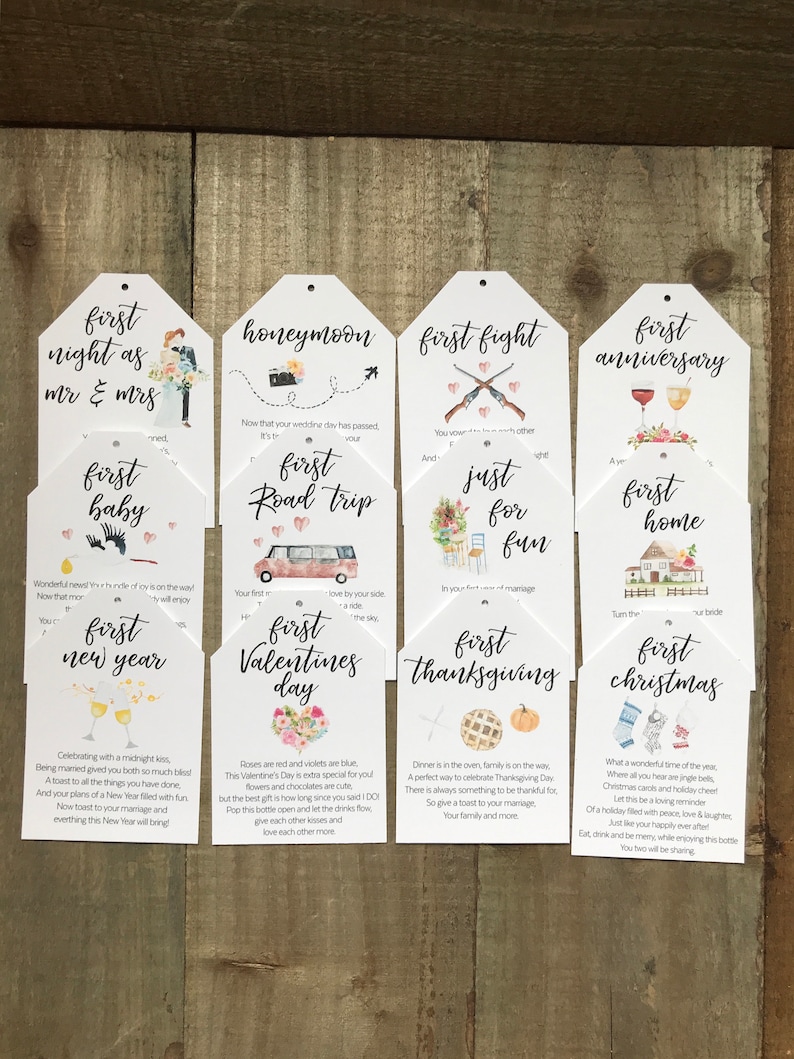 May include: A set of ten illustrated cards with a white background and colourful watercolour illustrations. Each card features a different milestone in a relationship, such as "first night as Mr. & Mrs." and "first Christmas".