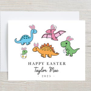 Joyeuses premières cartes de Pâques pour garçon, ensemble mignon de lapin de dinosaure, carte de Pâques pour des enfants, carte de Pâques 2025, petit-fils de neveu de fils, nom personnalisé