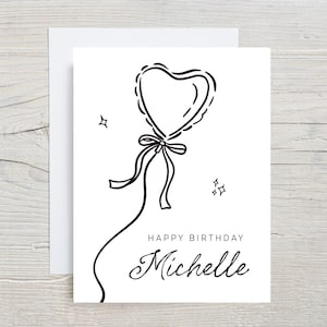 Carte d'anniversaire personnalisée, carte d'anniversaire personnalisée, jolie carte personnalisée, carte avec nom, coquette ballon pour elle, noir et blanc
