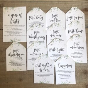 Printed Marriage Milestone Tags, Watercolor Wine Tags, First Year milestones, wine poem,Wine basket tags,Milestone wine tag,A year of firsts image 5