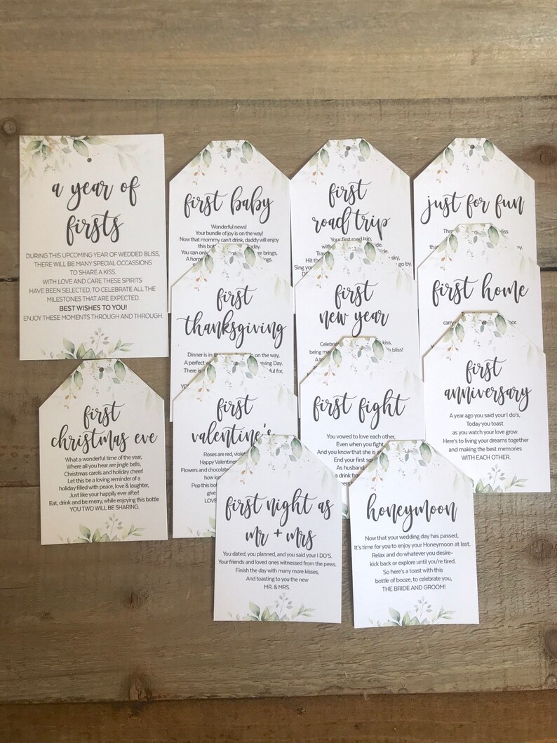Printed Marriage Milestone Tags, Watercolor Wine Tags, First Year milestones, wine poem,Wine basket tags,Milestone wine tag,A year of firsts image 5