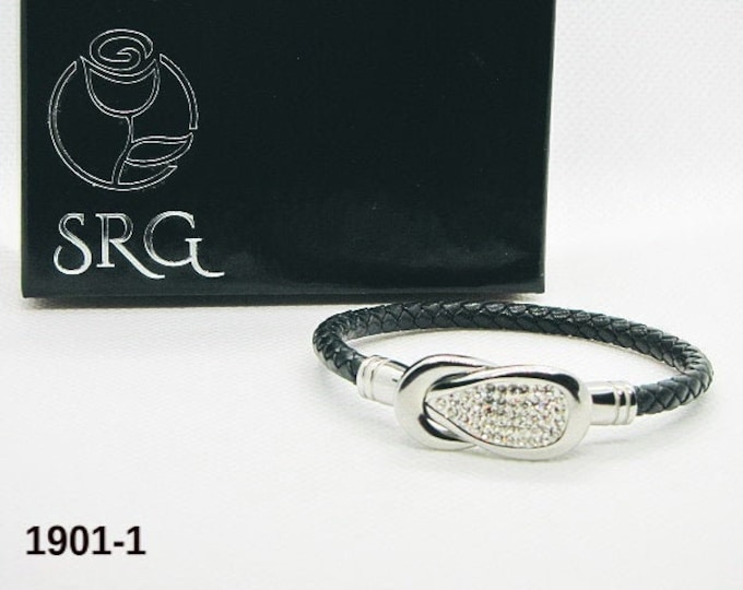 Genuine leather bracelet with rhinestone beads stainless steel magnetic clasps