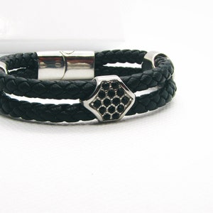 Genuine leather bracelet with rhinestone beads stainless steel magnetic clasps