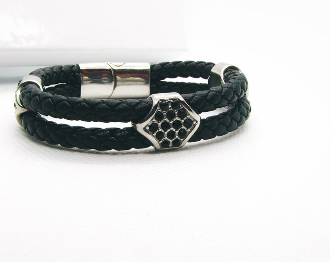 Genuine leather bracelet with rhinestone beads stainless steel magnetic clasps