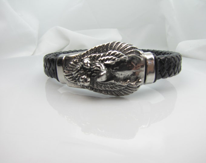 Genuine leather bracelet with stainless steel magnetic clasps ,  Eagle slide and two Europian charms