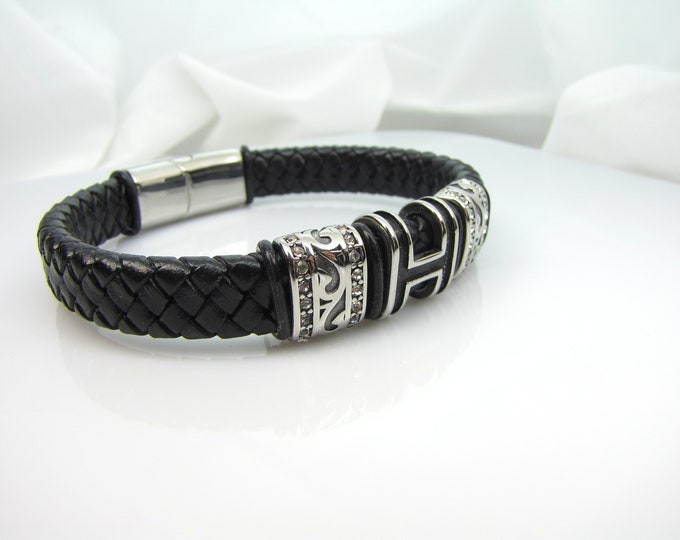 Genuine leather bracelet with stainless steel magnetic clasps , H slide and Rhinestone two slides