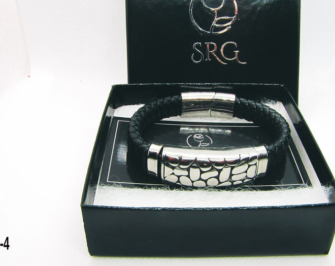 Genuine leather bracelet with stainless steel magnetic clasps and stainless steel slide.