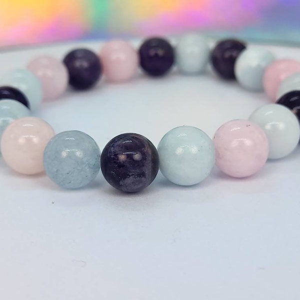 Natural 3 color Rose Quartz,Aquamarine  and Amethyst round stone bracelet 10 mm beads