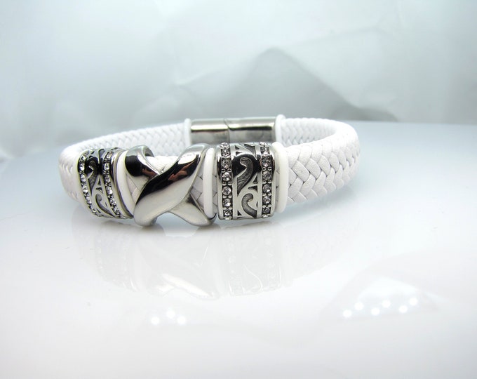 Genuine leather bracelet with stainless steel magnetic clasps , X slide and Rhinestone two slides