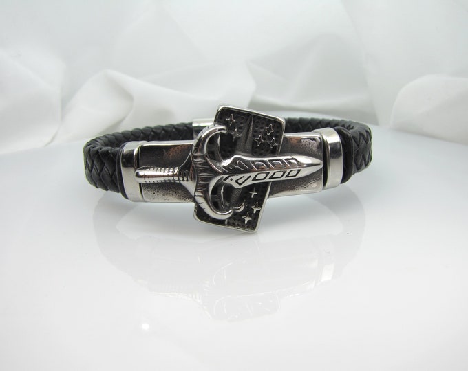 Genuine leather bracelet with stainless steel magnetic clasps , Sword slide and two Europian charms
