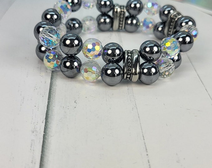 Double Hematite and crystal 10 mm beads bracelet