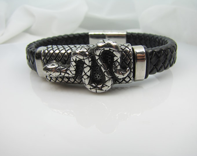 Genuine leather bracelet with stainless steel magnetic clasps , Snake slide and two Europian charms