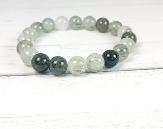 Natural Actinolite green rutilated quartz bracelet 10 mm beads