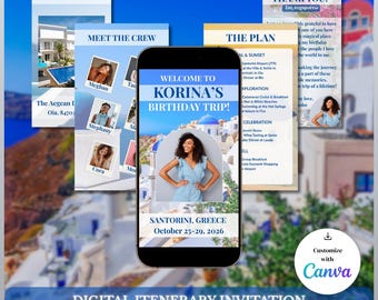Santorini Digital Invitation & Itinerary Template | Customizable Canva Travel Invite | Greece Trip Planner