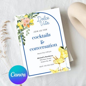 Dolce Vita Cocktail Party Invitation Template| Lemon Floral Cocktail Invite | Editable Canva Template| Garden Party Invite|  Italian-themed