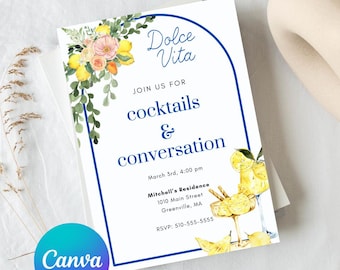 Invito a un cocktail party con fiori al limone: tema Dolce Vita italiana (modello Canva - download digitale)