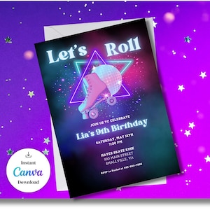 Retro Roller Skate Party Invitation Template |Glow Birthday Invite | Let&#39;s Roll Skate Party | Editable Canva Template 5x7| Girls Skate Party