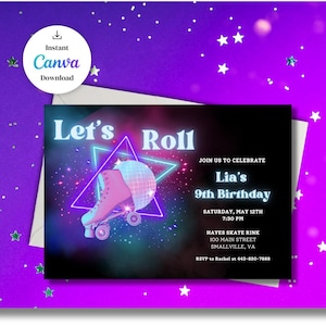Retro Roller Skate Party Invitation Template |Glow Birthday Invite | Let&#39;s Roll Skate Party | Editable Canva Template 7x5| Girls Skate Party