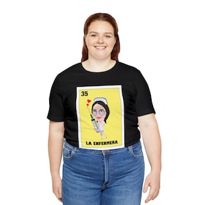 Camisa de cartão de loteria mexicana La Enfermera / Camiseta de bingo mexicano da enfermeira / Camiseta de jogo de cartas mexicana