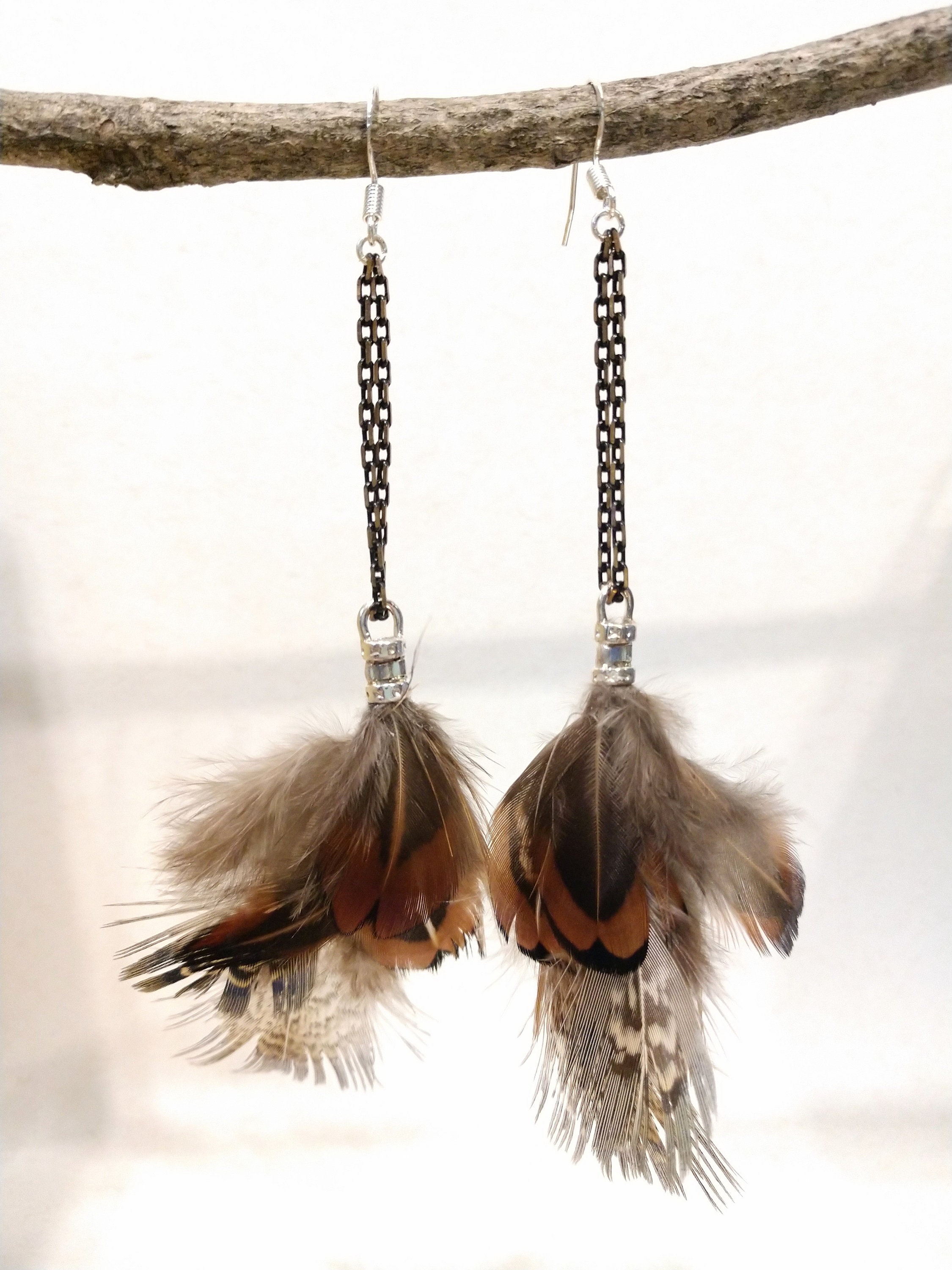 Feather Dangle Earrings Natural Tones Etsy