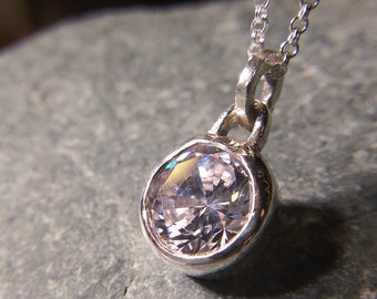 Bezel set CZ Pendant, pure silver necklace handmade by Mustache Metal Works