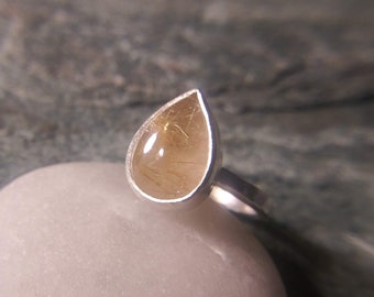 Rutile Quartz Drop Ring, Pure Silver ring handmade by Mustache Metal Works